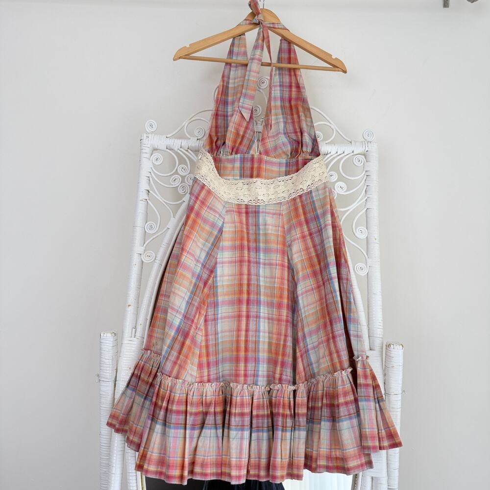 Vintage Cottagecore Dress Large Plaid Halter Crochet Milkmaid Boho Prairie Y2K - Picture 9 of 14